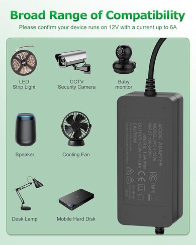 12V 6A Power Supply Adapter 72W 10FT AC/DC Adapter 100-240V DC 12 Volt 6 Amp 5A 4A 3A 2A 1A Transformer 5.5x2.5mm Plug for LED Strip Module Light CCTV Security Camera 3D Printer Speaker in Kuwait