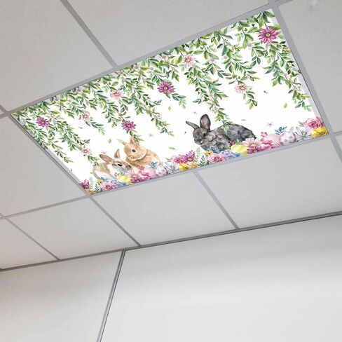 Easter Rabbits Fluorescent Light Covers for Ceiling Lights 4x2 feet,3 Pack Magnetic Light Filters for Classroom,Spring Cute Bunny Eggs Flowers Leaf Blue Plaid Fluorescent Lamp Shade Panel for Office in Saudi Arabia