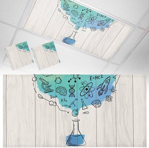 Teal Blue Science Fluorescent Light Covers, 4x2 Feet Magnetic Light Filters for Classroom Office, 3 Pcs Funny Cartoon Artwork Wood Grain Shades Covers for Ceiling Lights Drop Home Decor in Kuwait
