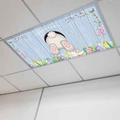 Easter Bunny Fluorescent Light Covers for Ceiling Lights 4x2 feet,2 Pack Magnetic Light Filters for Classroom,Eggs Cute Rabbit Floral Colorful Country Wooden Fluorescent Lamp Shade Panel for Office in Saudi Arabia
