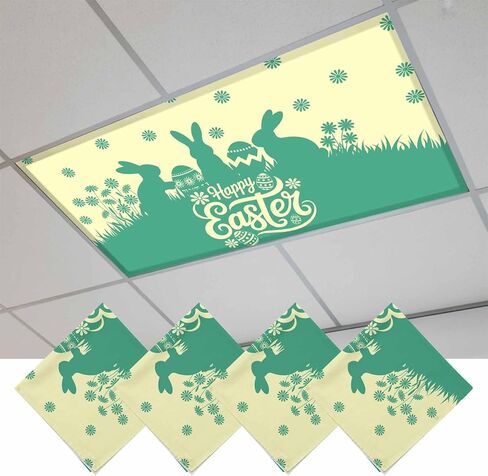 Happy Easter Rabbits Fluorescent Light Covers for Ceiling Lights 4x2 feet,2 Pack Magnetic Light Filters for Classroom,Spring Daisy Navy Silhouette Yellow Fluorescent Lamp Shade Panel for Office School in Saudi Arabia