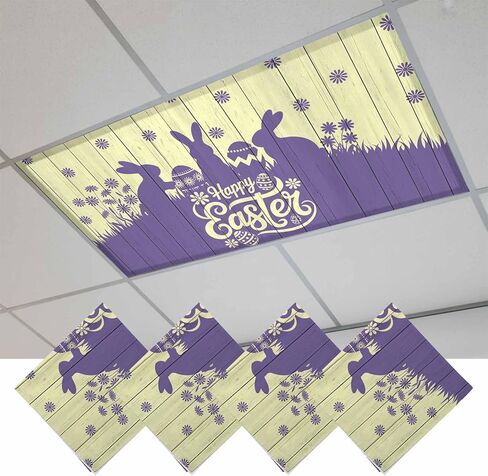 Happy Easter Rabbits Fluorescent Light Covers for Ceiling Lights 4x2 feet,2 Pack Magnetic Light Filters for Classroom,Spring Daisy Navy Silhouette Yellow Fluorescent Lamp Shade Panel for Office School in Saudi Arabia