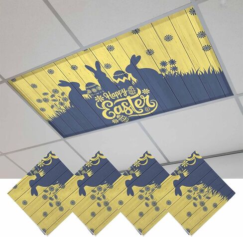 Happy Easter Rabbits Fluorescent Light Covers for Ceiling Lights 4x2 feet,2 Pack Magnetic Light Filters for Classroom,Spring Daisy Navy Silhouette Yellow Fluorescent Lamp Shade Panel for Office School in Saudi Arabia