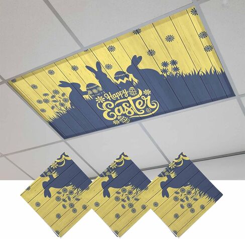 Happy Easter Rabbits Fluorescent Light Covers for Ceiling Lights 4x2 feet,2 Pack Magnetic Light Filters for Classroom,Spring Daisy Navy Silhouette Yellow Fluorescent Lamp Shade Panel for Office School in Saudi Arabia