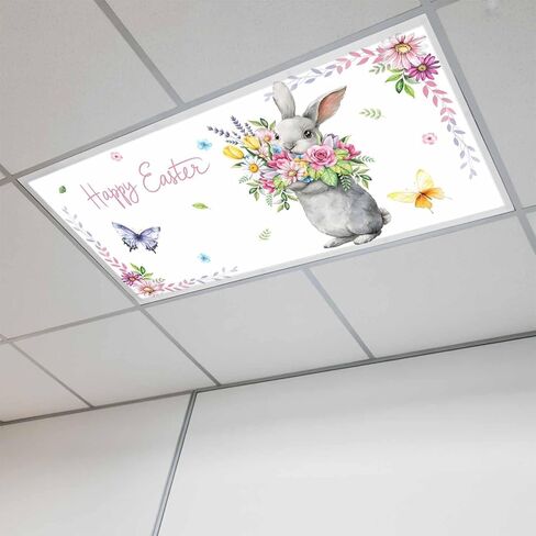 Happy Easter Fluorescent Light Covers for Ceiling Lights 4x2 feet,2 Pack Magnetic Light Filters for Classroom,Cute Bunny Vintage Spring Flowers Butterfly Fluorescent Lamp Shade Panel for Office School in Saudi Arabia