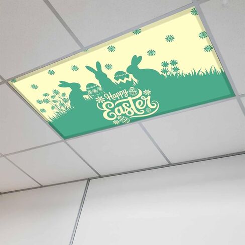 Happy Easter Rabbits Fluorescent Light Covers for Ceiling Lights 4x2 feet,2 Pack Magnetic Light Filters for Classroom,Spring Daisy Navy Silhouette Yellow Fluorescent Lamp Shade Panel for Office School in Saudi Arabia