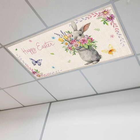 Happy Easter Fluorescent Light Covers for Ceiling Lights 4x2 feet,2 Pack Magnetic Light Filters for Classroom,Cute Bunny Vintage Spring Flowers Butterfly Fluorescent Lamp Shade Panel for Office School in Saudi Arabia