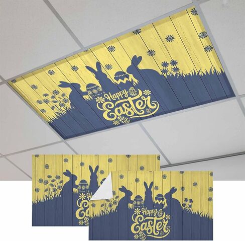 Happy Easter Rabbits Fluorescent Light Covers for Ceiling Lights 4x2 feet,2 Pack Magnetic Light Filters for Classroom,Spring Daisy Navy Silhouette Yellow Fluorescent Lamp Shade Panel for Office School in Saudi Arabia
