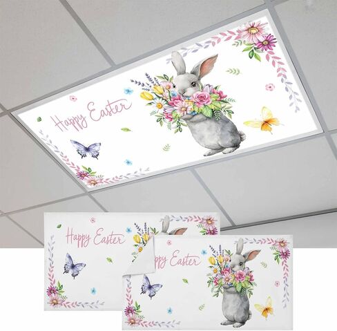 Happy Easter Fluorescent Light Covers for Ceiling Lights 4x2 feet,2 Pack Magnetic Light Filters for Classroom,Cute Bunny Vintage Spring Flowers Butterfly Fluorescent Lamp Shade Panel for Office School in Saudi Arabia