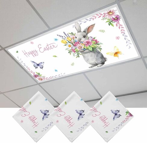 Happy Easter Fluorescent Light Covers for Ceiling Lights 4x2 feet,2 Pack Magnetic Light Filters for Classroom,Cute Bunny Vintage Spring Flowers Butterfly Fluorescent Lamp Shade Panel for Office School in Saudi Arabia