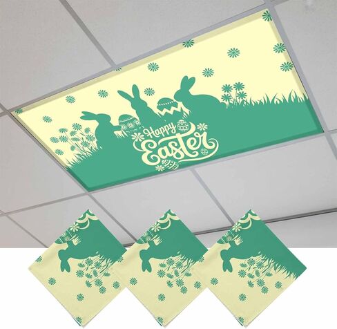 Happy Easter Rabbits Fluorescent Light Covers for Ceiling Lights 4x2 feet,2 Pack Magnetic Light Filters for Classroom,Spring Daisy Navy Silhouette Yellow Fluorescent Lamp Shade Panel for Office School in Saudi Arabia