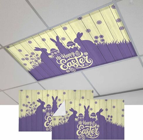 Happy Easter Rabbits Fluorescent Light Covers for Ceiling Lights 4x2 feet,2 Pack Magnetic Light Filters for Classroom,Spring Daisy Navy Silhouette Yellow Fluorescent Lamp Shade Panel for Office School in Saudi Arabia
