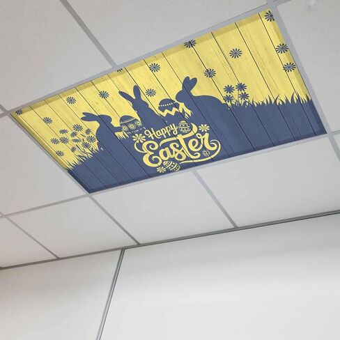 Happy Easter Rabbits Fluorescent Light Covers for Ceiling Lights 4x2 feet,2 Pack Magnetic Light Filters for Classroom,Spring Daisy Navy Silhouette Yellow Fluorescent Lamp Shade Panel for Office School in Saudi Arabia
