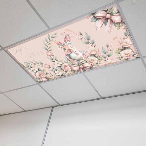 Easter Bunny Fluorescent Light Covers for Ceiling Lights 4x2 feet,3 Pack Magnetic Light Filters for Classroom,Cute Rabbit Rose Floral Country Leaves Plants Green Fluorescent Lamp Shade Panel in Saudi Arabia