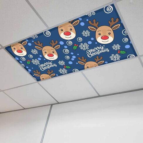Christmas Blue Fluorescent Light Covers for Ceiling Lights 4x2 feet,1 Pack Magnetic Light Filters for Classroom,Xmas Cute Elk Winter Leaves Cartoon Snowflake Fluorescent Lamp Shade Panel for Office in Saudi Arabia