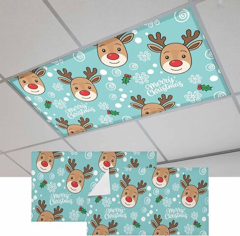 Christmas Blue Fluorescent Light Covers for Ceiling Lights 4x2 feet,1 Pack Magnetic Light Filters for Classroom,Xmas Cute Elk Winter Leaves Cartoon Snowflake Fluorescent Lamp Shade Panel for Office in Saudi Arabia