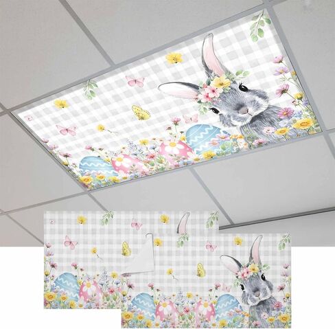 Easter Bunny Fluorescent Light Covers for Ceiling Lights 4x2 feet,2 Pack Magnetic Light Filters for Classroom,Blue Easter Eggs Spring Floral Grey Plaid Fluorescent Lamp Shade Panel for Office School in Saudi Arabia
