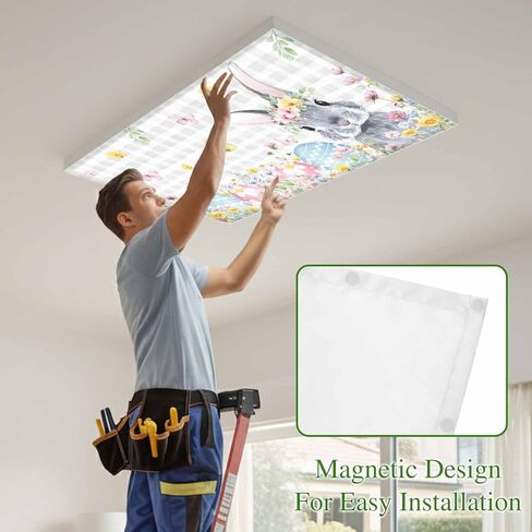 Easter Bunny Fluorescent Light Covers for Ceiling Lights 4x2 feet,2 Pack Magnetic Light Filters for Classroom,Blue Easter Eggs Spring Floral Grey Plaid Fluorescent Lamp Shade Panel for Office School in Saudi Arabia