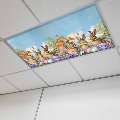 Easter Bunnies Fluorescent Light Covers for Ceiling Lights 4x2 feet,3 Pack Magnetic Light Filters for Classroom,Spring Easter Eggs Garden Floral Fluorescent Lamp Shade Panel for Office School Drop in Saudi Arabia