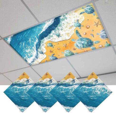 Blue Summer Beach Fluorescent Light Covers for Ceiling Lights 4x2 feet,4 Pack Magnetic Light Filters for Classroom,Coastal Sea Turtle Nautical Ocean Fluorescent Lamp Shade Panel for Office School Drop in Saudi Arabia