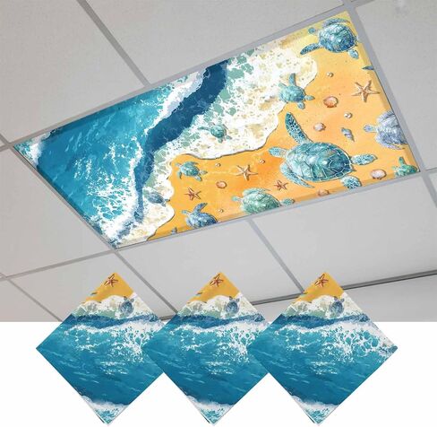 Blue Summer Beach Fluorescent Light Covers for Ceiling Lights 4x2 feet,4 Pack Magnetic Light Filters for Classroom,Coastal Sea Turtle Nautical Ocean Fluorescent Lamp Shade Panel for Office School Drop in Saudi Arabia