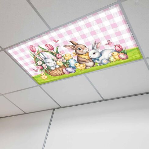 Easter Bunny Fluorescent Light Covers for Ceiling Lights 4x2 feet,2 Pack Magnetic Light Filters for Classroom,Cute Rabbits Chickens Flowers Country Pink Plaid Fluorescent Lamp Shade Panel for Office in Saudi Arabia