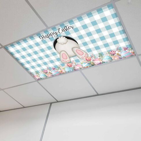Easter Bunny Fluorescent Light Covers for Ceiling Lights 4x2 feet,2 Pack Magnetic Light Filters for Classroom,Colorful Eggs Cute Rabbit Blue White Check Fluorescent Lamp Shade Panel for Office School in Saudi Arabia
