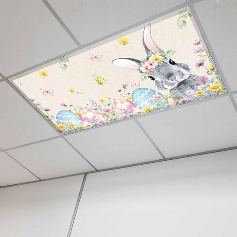 Easter Bunny Fluorescent Light Covers for Ceiling Lights 4x2 feet,2 Pack Magnetic Light Filters for Classroom,Blue Easter Eggs Spring Floral Grey Plaid Fluorescent Lamp Shade Panel for Office School in Saudi Arabia