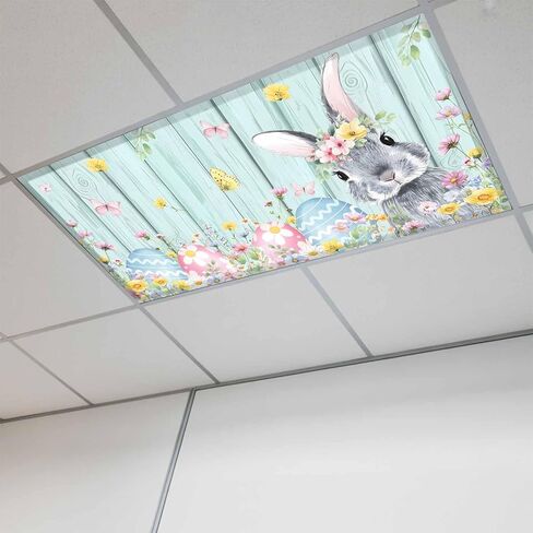 Easter Bunny Fluorescent Light Covers for Ceiling Lights 4x2 feet,2 Pack Magnetic Light Filters for Classroom,Blue Easter Eggs Spring Floral Grey Plaid Fluorescent Lamp Shade Panel for Office School in Saudi Arabia