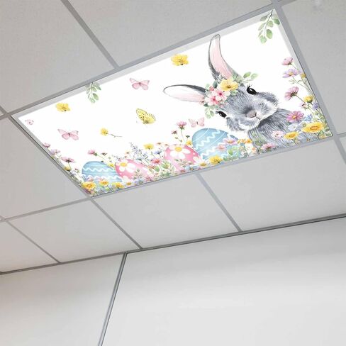 Easter Bunny Fluorescent Light Covers for Ceiling Lights 4x2 feet,2 Pack Magnetic Light Filters for Classroom,Blue Easter Eggs Spring Floral Grey Plaid Fluorescent Lamp Shade Panel for Office School in Saudi Arabia