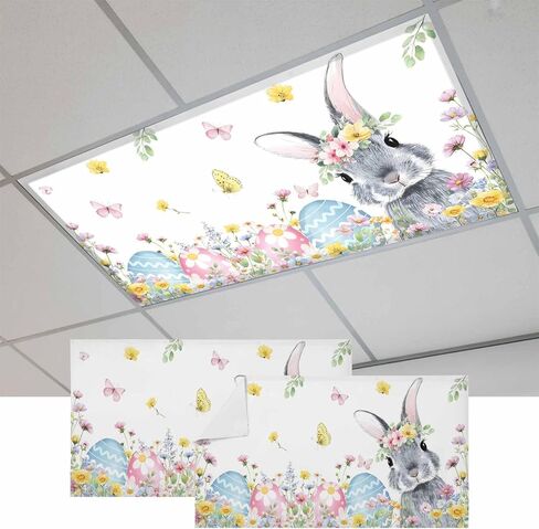 Easter Bunny Fluorescent Light Covers for Ceiling Lights 4x2 feet,2 Pack Magnetic Light Filters for Classroom,Blue Easter Eggs Spring Floral Grey Plaid Fluorescent Lamp Shade Panel for Office School in Saudi Arabia