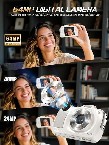 كاميرا رقمية True 4K مع وضع التجميل، وكاميرا تسجيل فيديو بدقة 64 ميجابكسل للمبتدئين، وتكبير/تصغير 16X، ومضادة للاهتزاز والتركيز التلقائي، وبطاقة 32 جيجابايت، وكاميرات محمولة فائقة الصغر 120 جرام للتصوير الفوتوغرافي (أبيض) in Kuwait