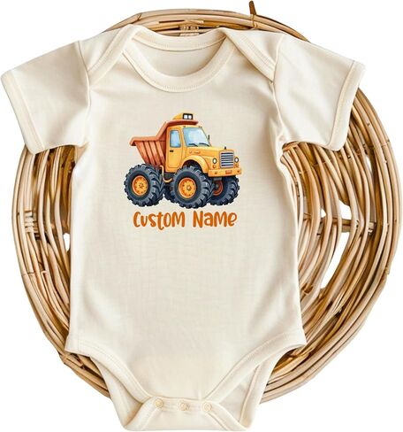 Custom Construction Truck Onesie • Baby Boy Construction Themed Clothes • Natural Color Baby Clothing with Orange Ink in Kuwait