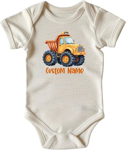 Custom Construction Truck Onesie • Baby Boy Construction Themed Clothes • Natural Color Baby Clothing with Orange Ink in Kuwait