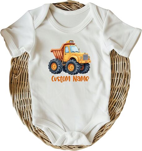 Custom Construction Truck Onesie • Baby Boy Construction Themed Clothes • Natural Color Baby Clothing with Orange Ink in Kuwait