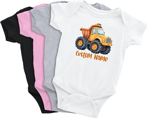 Custom Construction Truck Onesie • Baby Boy Construction Themed Clothes • Natural Color Baby Clothing with Orange Ink in Kuwait