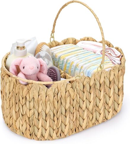 Large Baby Diaper Caddy Organizer, Portable Wicker Water Hyacinth Storage Basket with Handles and Divided Sections, Nursery Tray for Diapers Baby Essentials, Baby Shower Gifts in Kuwait