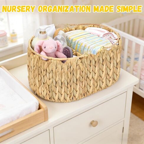 Large Baby Diaper Caddy Organizer, Portable Wicker Water Hyacinth Storage Basket with Handles and Divided Sections, Nursery Tray for Diapers Baby Essentials, Baby Shower Gifts in Kuwait