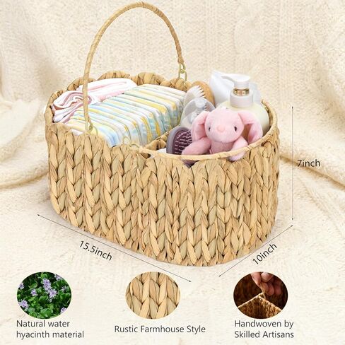Large Baby Diaper Caddy Organizer, Portable Wicker Water Hyacinth Storage Basket with Handles and Divided Sections, Nursery Tray for Diapers Baby Essentials, Baby Shower Gifts in Kuwait