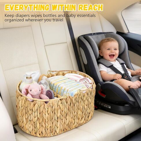 Large Baby Diaper Caddy Organizer, Portable Wicker Water Hyacinth Storage Basket with Handles and Divided Sections, Nursery Tray for Diapers Baby Essentials, Baby Shower Gifts in Kuwait