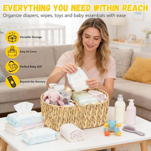 Large Baby Diaper Caddy Organizer, Portable Wicker Water Hyacinth Storage Basket with Handles and Divided Sections, Nursery Tray for Diapers Baby Essentials, Baby Shower Gifts in Kuwait