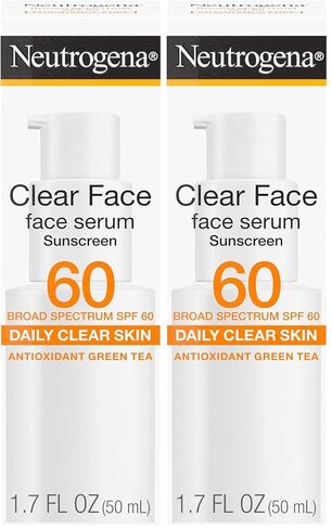 Neutrogena Clear Face Serum Sunscreen with Green Tea, Broad Spectrum SPF 60+, Non-Comedogenic Face Sunscreen for Lightweight UVA/UVB Protection, Oxybenzone- & Fragrance-Free, 1.7 fl. Oz in Saudi Arabia