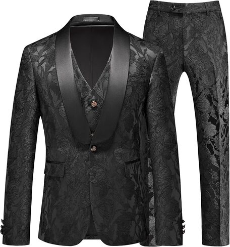 MOGU Mens 3 Piece Floral Suit Jacquard Dress Tuxedo Suit Set for Wedding Prom Jacket Vest Pants with Bow Tie in Saudi Arabia
