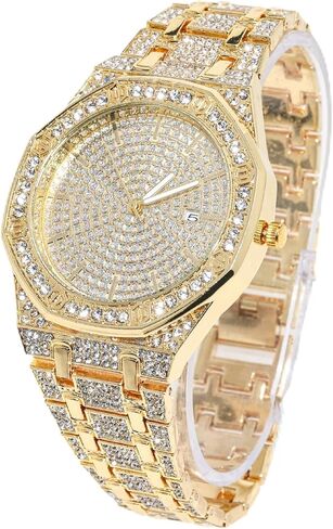 Halukakah Diamonds Gold Watch Iced Out,Men's 18K Real Gold/Platinum White Gold Plated 40MM Width Roman Numerals Dial Quartz Wristband 8.7" with Cuban Link Chain 8"+18" Necklace Bracelet,Free Giftbox in Saudi Arabia