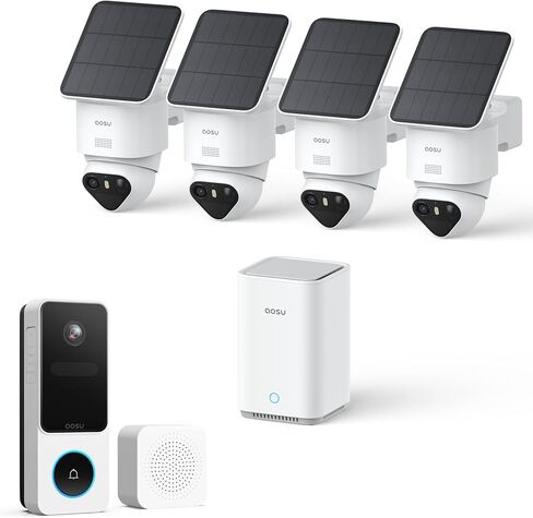 كاميرات مراقبة لاسلكية خارجية Aosu T2 Ultra 4K تعمل بالطاقة الشمسية مكونة من 4 كاميرات + كاميرا جرس باب لاسلكية 2k مع رنين بدون رسوم اشتراك in Kuwait