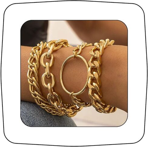 Punk Cuban Link Chain Bracelets set 4pcs Stacking Chunky Diamond-cut Chain Bangle Boho Wristband for Women and Girls in Saudi Arabia