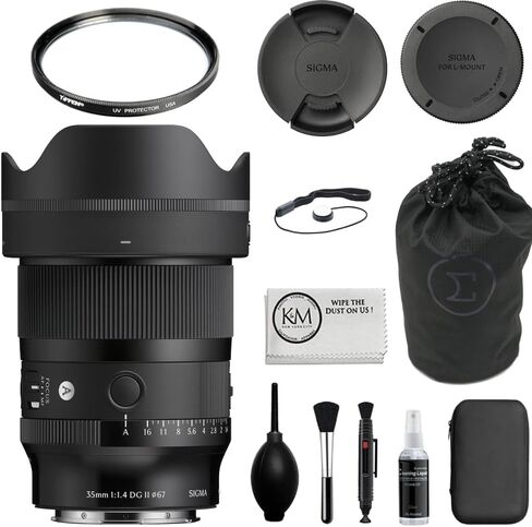 مجموعة عدسات Sigma 35mm f/1.4 DG II Art المتوافقة مع حامل L (إطار كامل) مع فلتر للأشعة فوق البنفسجية + حافظة غطاء العدسة + مجموعة تنظيف + قطعة قماش (5 قطع) in Kuwait