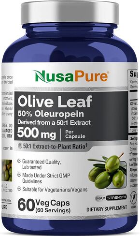 NusaPure Olive Leaf 50:1 Extract, 500 mg Equivalent to 25,000mg - 50% Oleuropein Vegan/Vegetarian - Super Strength No Oil 60 Capsules in Saudi Arabia