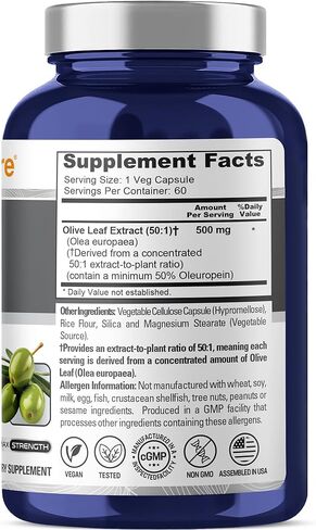 NusaPure Olive Leaf 50:1 Extract, 500 mg Equivalent to 25,000mg - 50% Oleuropein Vegan/Vegetarian - Super Strength No Oil 60 Capsules in Saudi Arabia
