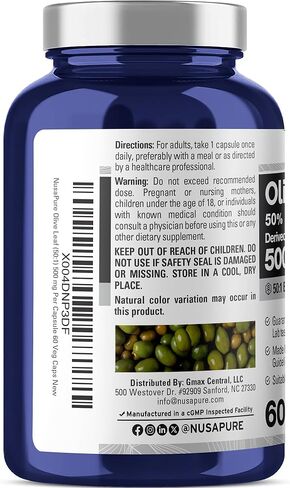 NusaPure Olive Leaf 50:1 Extract, 500 mg Equivalent to 25,000mg - 50% Oleuropein Vegan/Vegetarian - Super Strength No Oil 60 Capsules in Saudi Arabia